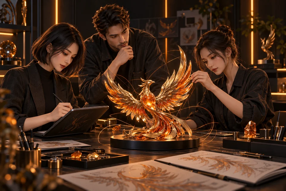三位创作者围绕橙金凤凰讨论视觉与动态方案，AI 创作协作概念图